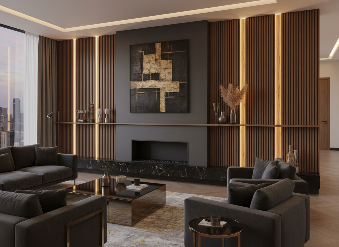 Luxury living room slatted walnut accent wall with integrated lighting
