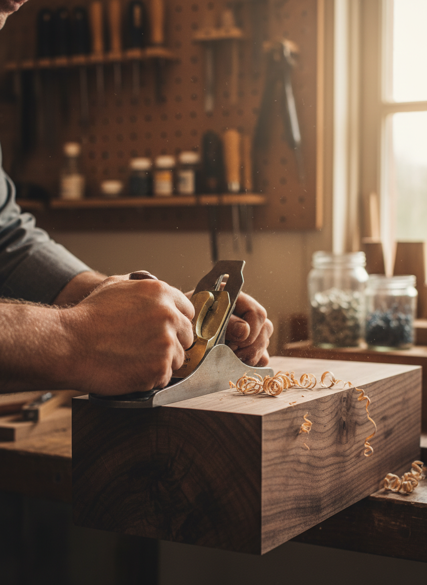Master woodworker's hands running a hand plane over rich walnut in a warm artisan workshop