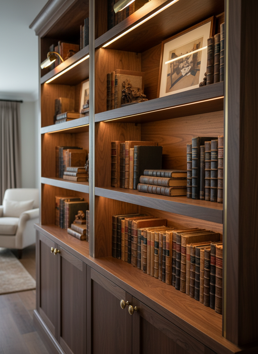 Detailed finish carpentry with custom built-in shelving in dark wood and brass hardware
