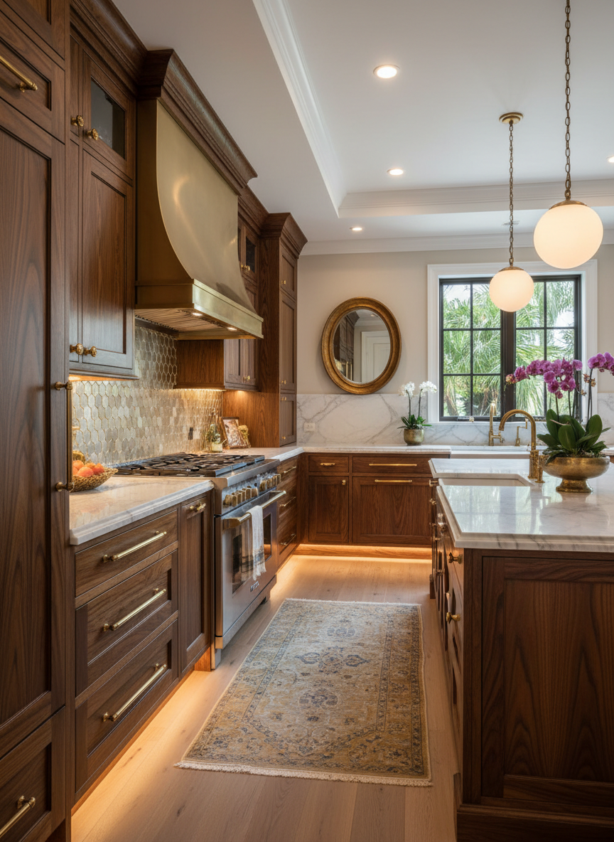Elegant custom kitchen with dark walnut cabinets and brass accents in a Florida home