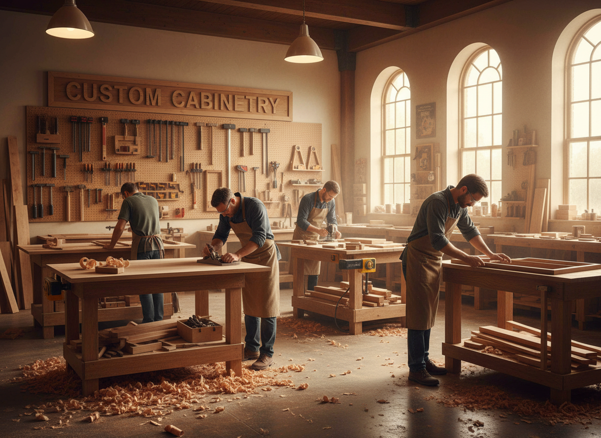 World Trigger Company workshop with craftsmen at workbenches
