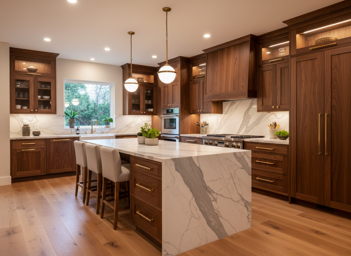 Finished custom kitchen cabinetry with warm wood tones
