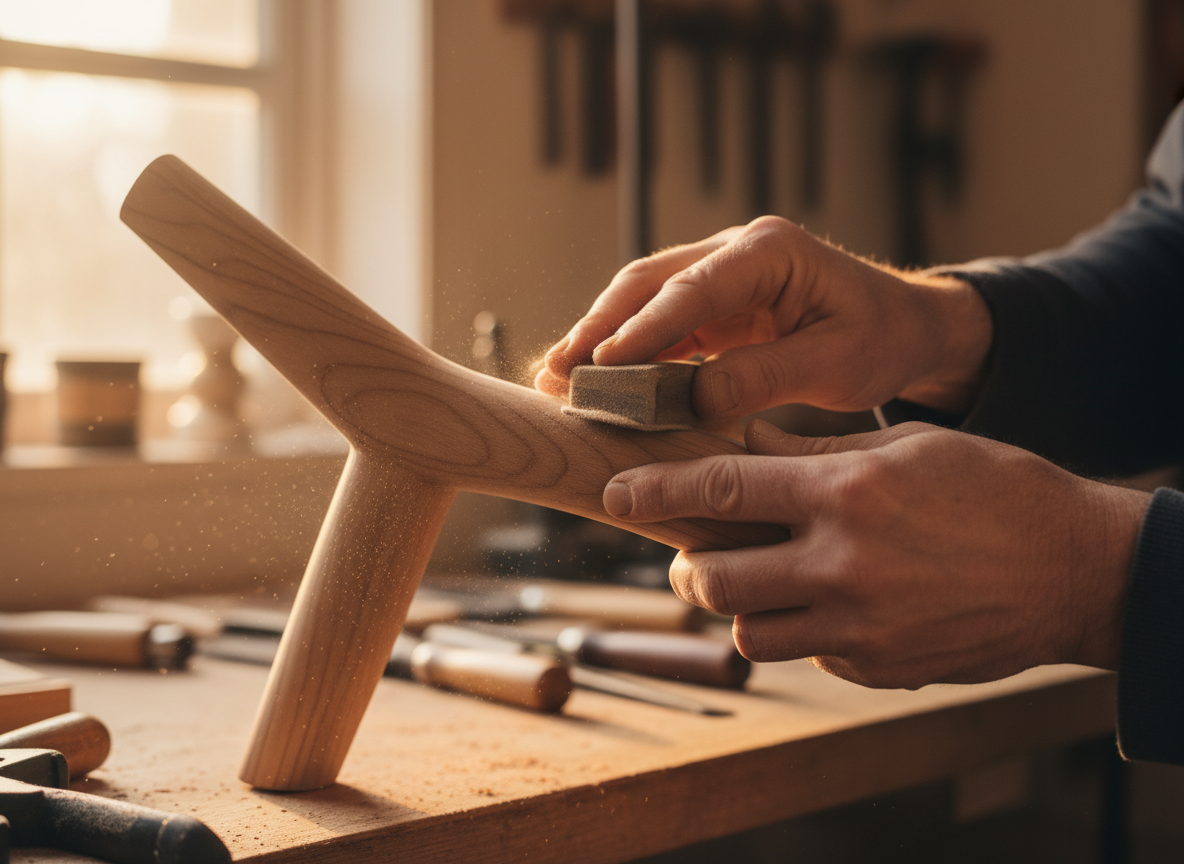 Close-up of a craftsman's hands detailing fine woodwork