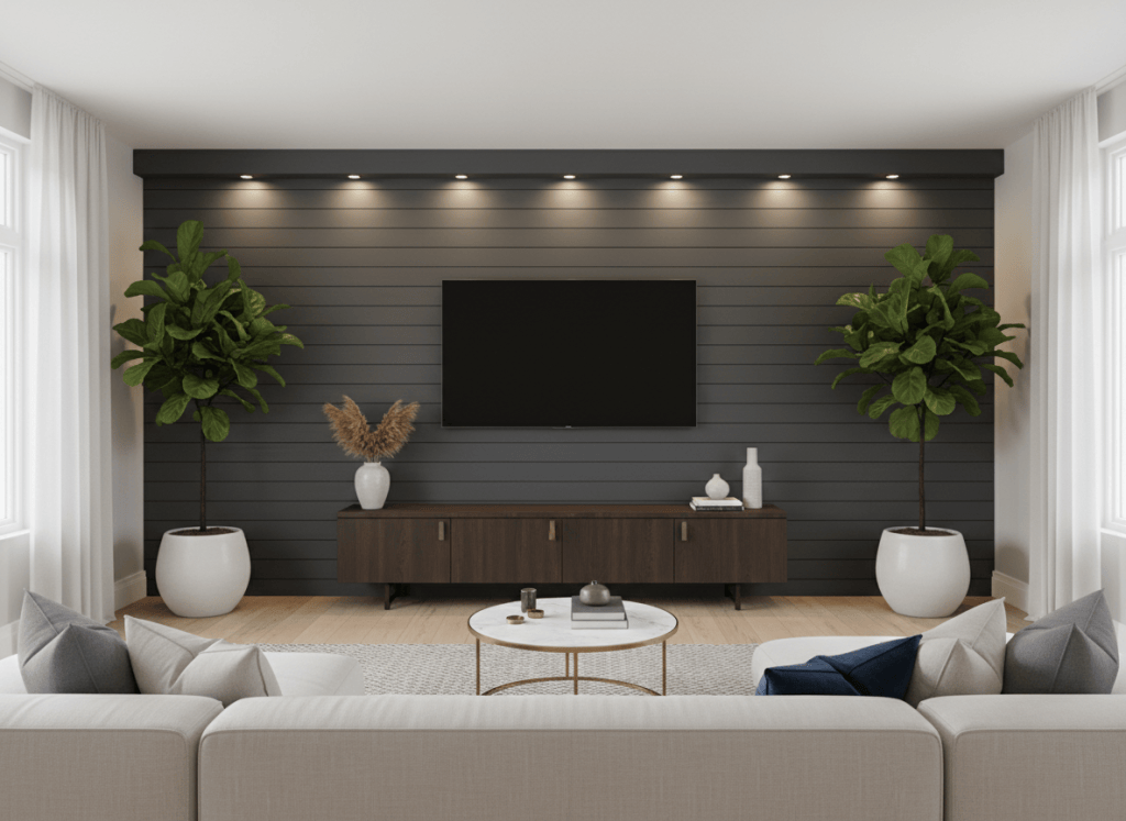 Elegant living room accent wall with floor-to-ceiling shiplap wood panels painted in charcoal gray, large mounted TV, recessed lighting above
