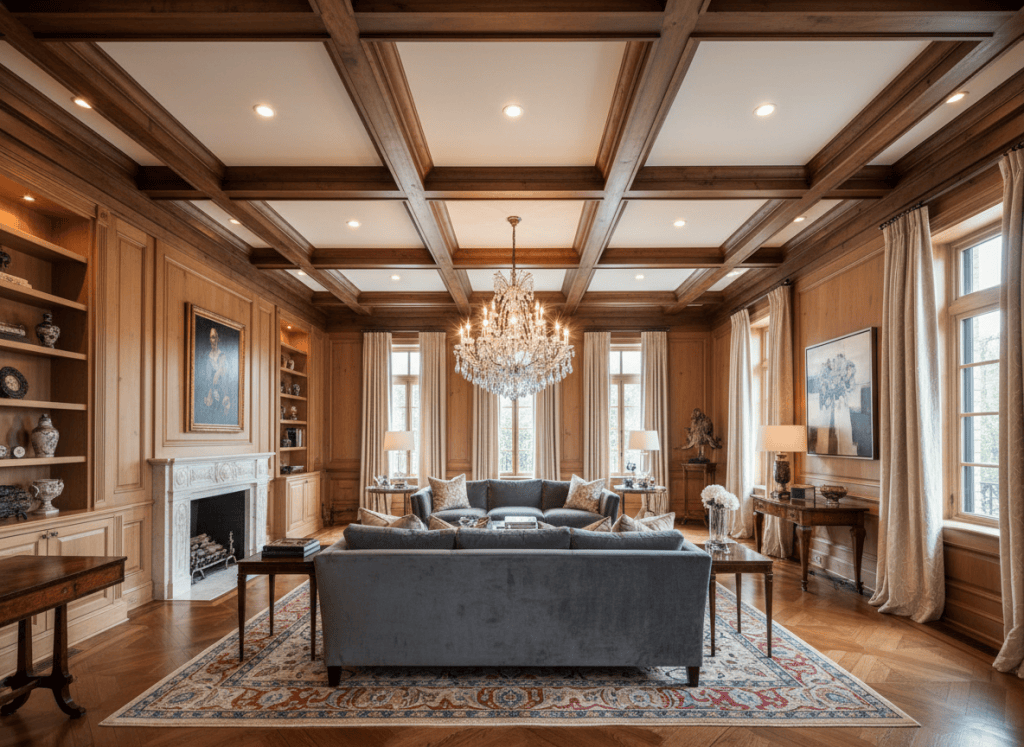 Stunning coffered ceiling with deep wood beams and white painted panels in a living room, dramatic overhead lighting, luxury home interior