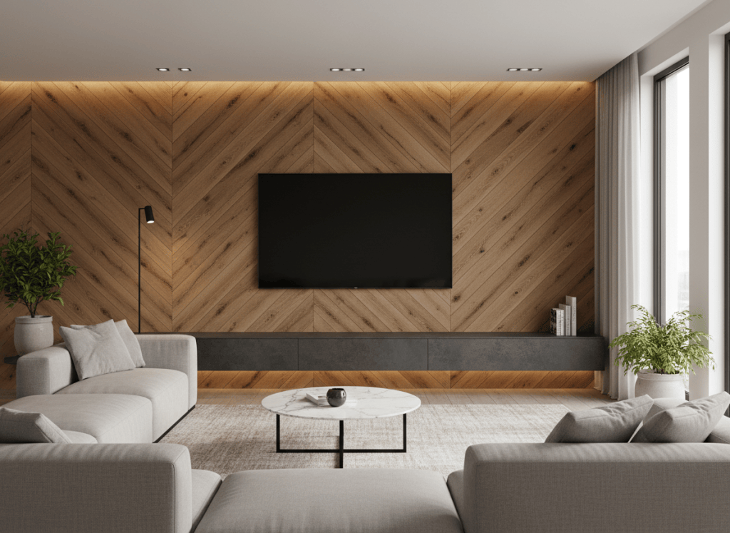 Dramatic herringbone pattern wood panel accent wall behind mounted TV, natural warm oak tones, modern living room, professional interior photography