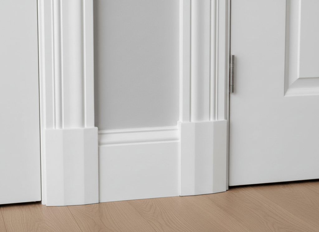 Close-up of beautifully crafted white door casing and baseboard trim in a luxury home, with sharp mitered corners, clean paint finish, and classic profile molding