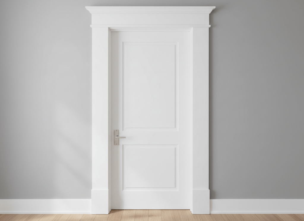 Elegant interior door with wide craftsman-style casing trim, painted bright white, with plinth blocks at the base and clean square corners