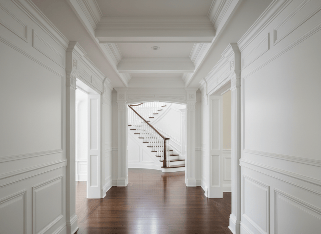 Fine finish carpentry work, detailed crown molding and millwork in an elegant home interior, crisp white paint, professional photography