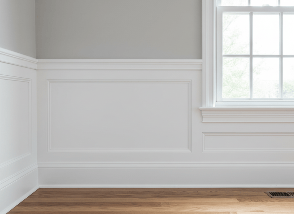 Elegant interior trim work — wide baseboard molding, door casing with backband detail, picture rail, and window surround in bright white. Clean lines and sharp corners. Professional carpentry photography.