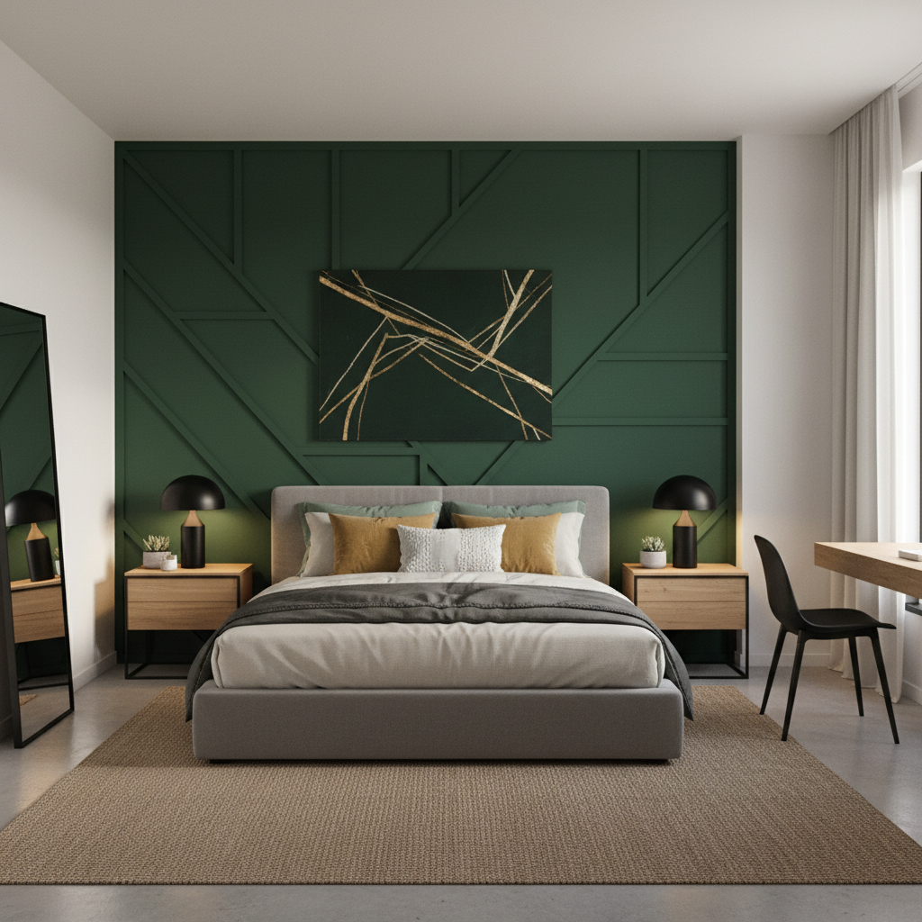 Bedroom geometric shiplap accent wall in deep green