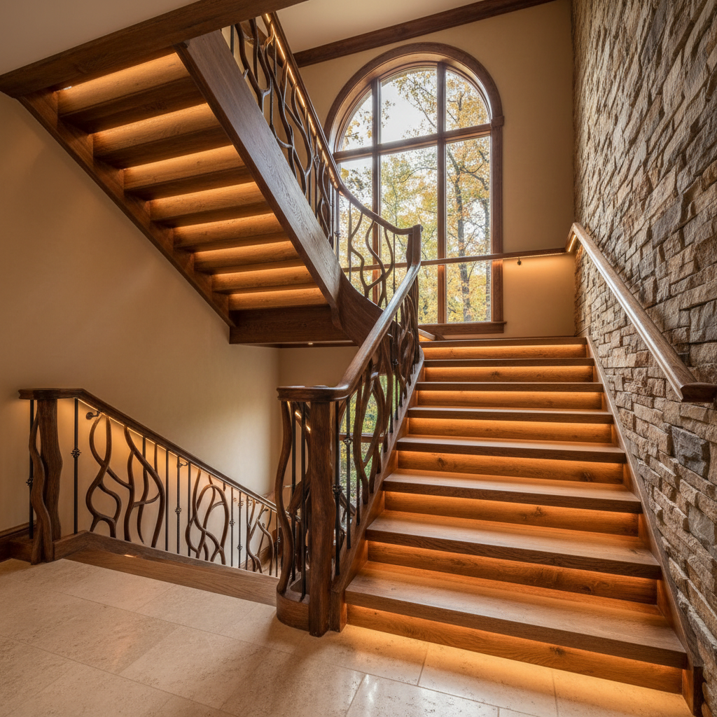 Custom wood staircase with handcrafted railing