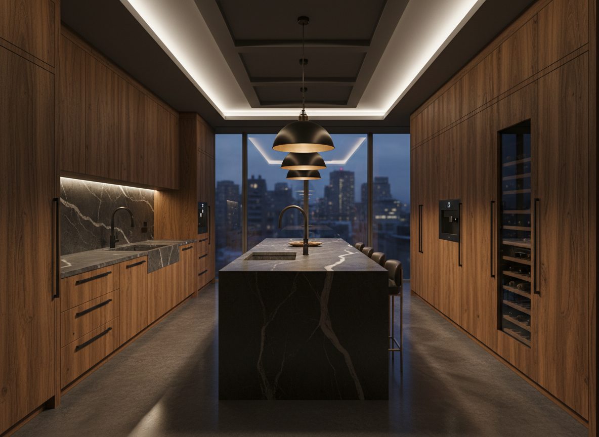 Luxury custom-built kitchen with dark moody cabinetry