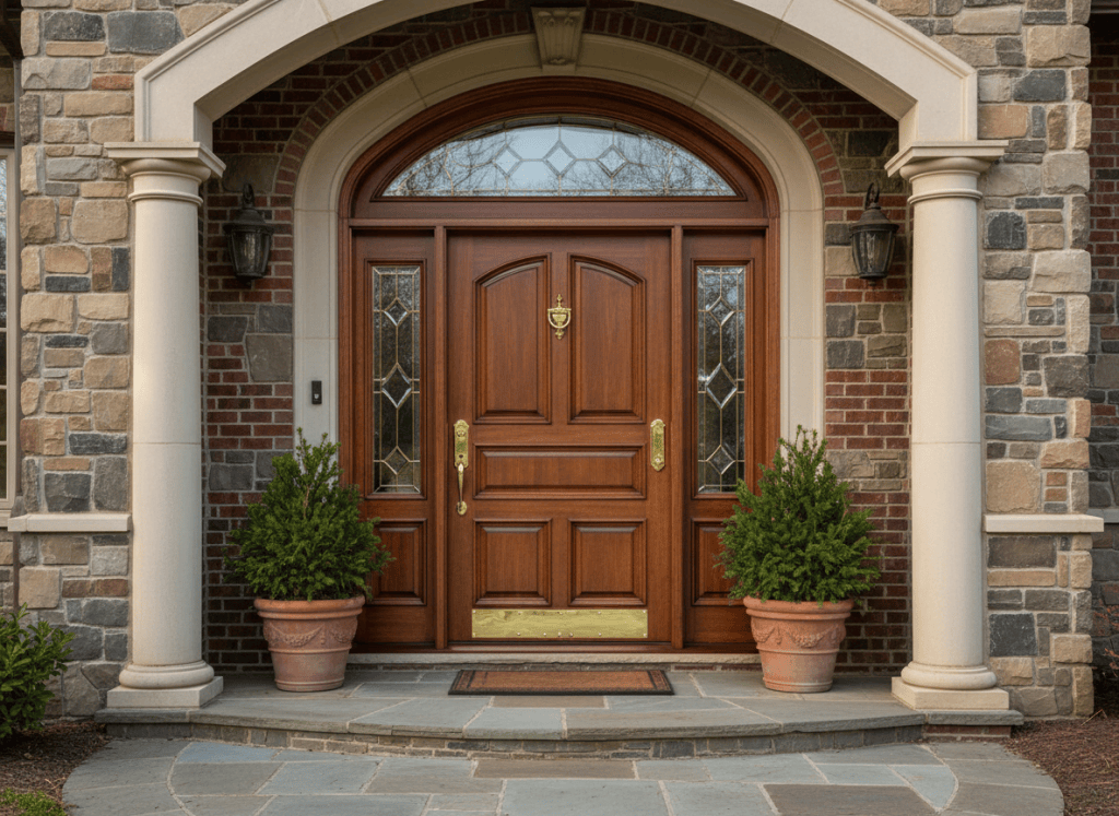 Custom handcrafted wooden front door with raised panels, sidelights, and a transom window, finished in rich mahogany stain with brass hardware. Grand entryway. Professional architectural photography.